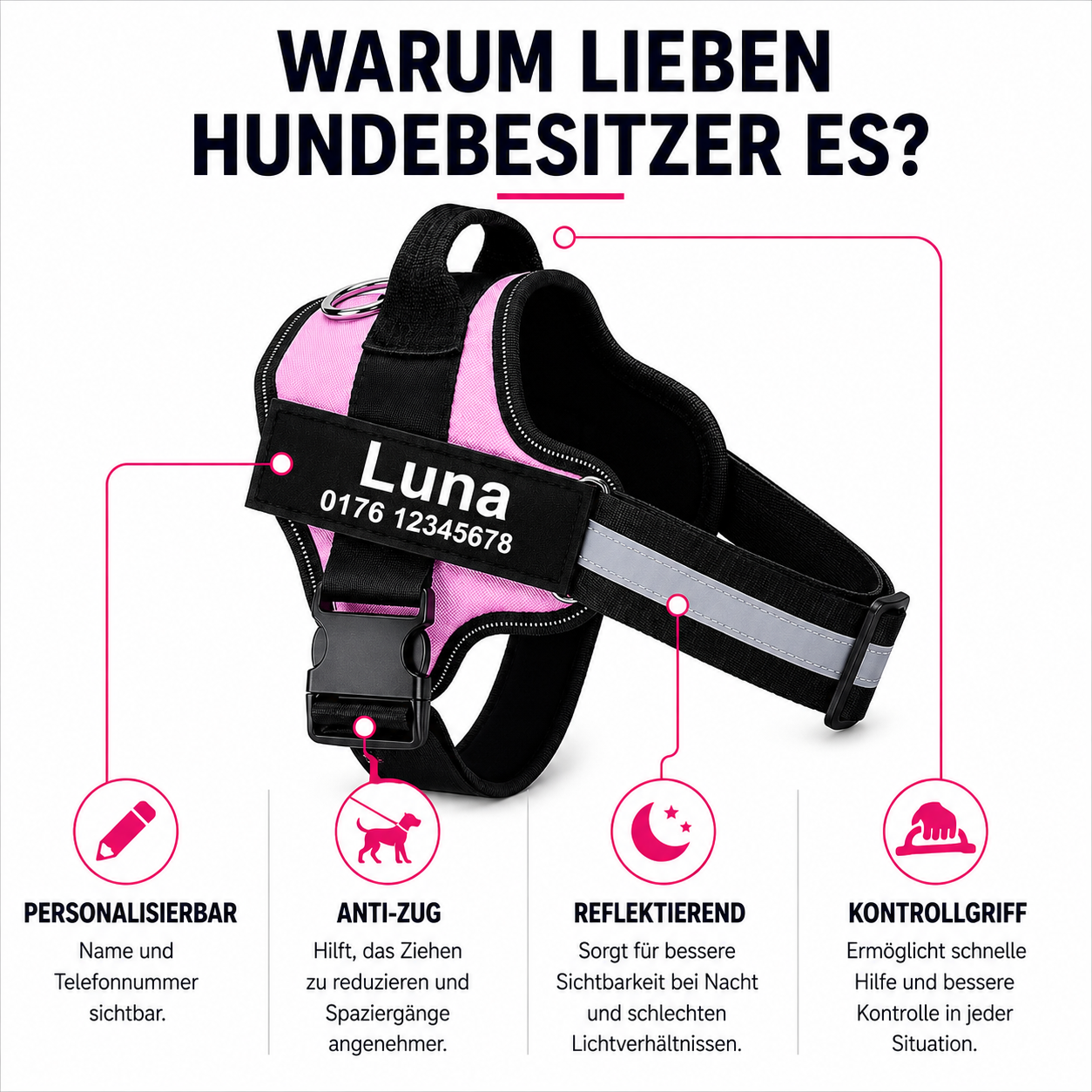 Personalisiertes Hundegeschirr mit Name & Telefon